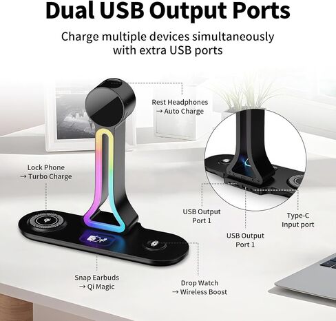 Transform Your Desk – 3-in-1 Wireless Charging Station with Headphone Stand, Dual USB Ports, 15W Fast Charger for Phone/A-irPods/A-pple Watch, RGB Light, LED Alarm Clock – Charge 5 Devices at Once in Saudi Arabia