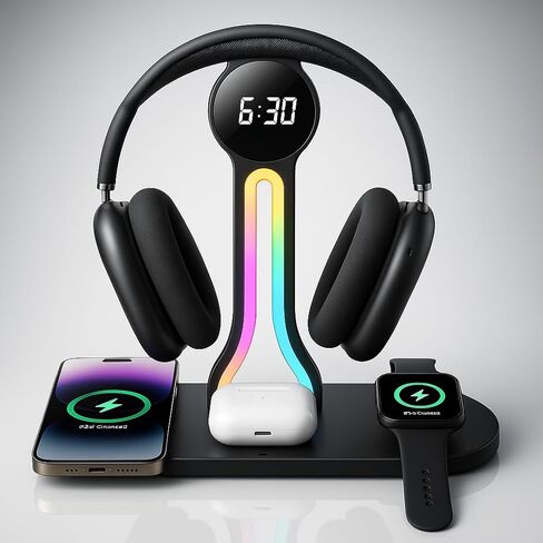 Transform Your Desk – 3-in-1 Wireless Charging Station with Headphone Stand, Dual USB Ports, 15W Fast Charger for Phone/A-irPods/A-pple Watch, RGB Light, LED Alarm Clock – Charge 5 Devices at Once in Saudi Arabia