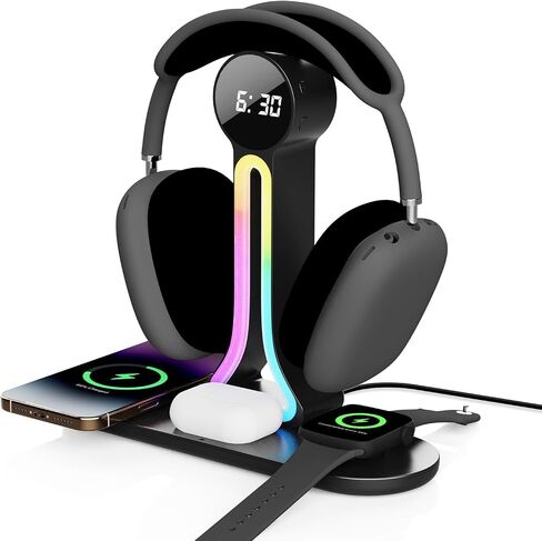 Transform Your Desk – 3-in-1 Wireless Charging Station with Headphone Stand, Dual USB Ports, 15W Fast Charger for Phone/A-irPods/A-pple Watch, RGB Light, LED Alarm Clock – Charge 5 Devices at Once in Saudi Arabia