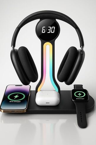 Transform Your Desk – 3-in-1 Wireless Charging Station with Headphone Stand, Dual USB Ports, 15W Fast Charger for Phone/A-irPods/A-pple Watch, RGB Light, LED Alarm Clock – Charge 5 Devices at Once in Saudi Arabia