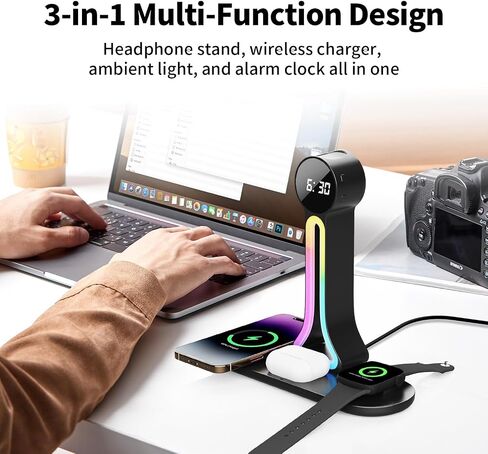 Transform Your Desk – 3-in-1 Wireless Charging Station with Headphone Stand, Dual USB Ports, 15W Fast Charger for Phone/A-irPods/A-pple Watch, RGB Light, LED Alarm Clock – Charge 5 Devices at Once in Saudi Arabia