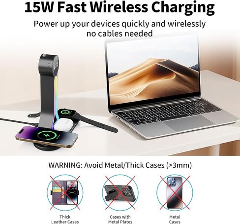 Transform Your Desk – 3-in-1 Wireless Charging Station with Headphone Stand, Dual USB Ports, 15W Fast Charger for Phone/A-irPods/A-pple Watch, RGB Light, LED Alarm Clock – Charge 5 Devices at Once in Saudi Arabia