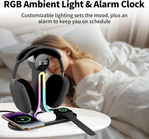 Transform Your Desk – 3-in-1 Wireless Charging Station with Headphone Stand, Dual USB Ports, 15W Fast Charger for Phone/A-irPods/A-pple Watch, RGB Light, LED Alarm Clock – Charge 5 Devices at Once in Saudi Arabia