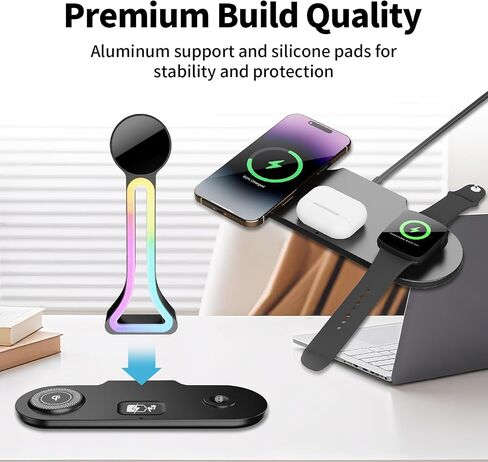 Transform Your Desk – 3-in-1 Wireless Charging Station with Headphone Stand, Dual USB Ports, 15W Fast Charger for Phone/A-irPods/A-pple Watch, RGB Light, LED Alarm Clock – Charge 5 Devices at Once in Saudi Arabia