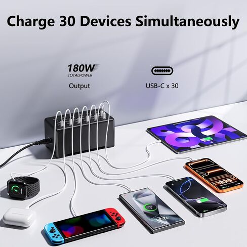 180W USB C Charger Station, 30-Port Type C Charger Station, Multiple Fast Charger Hub, Home Desktop Power Adapter, Travel Convenient, Compatible with iPhone/Galaxy/iPad/Tablets and Other Devices in Kuwait