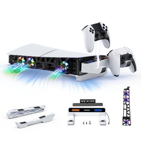 حامل أفقي نحيف NexiGo PS5 مع محطة شحن لأجهزة التحكم في الحافة Dual_Sense وDual_Sense، مروحة تبريد صامتة مع تحكم ذكي في درجة الحرارة، مؤشرات LED، أبيض in Kuwait