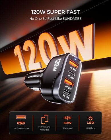 120W Car Charger USB C Fast Charge 4-Port Cigarette Lighter Adapter 12V-24V in Kuwait