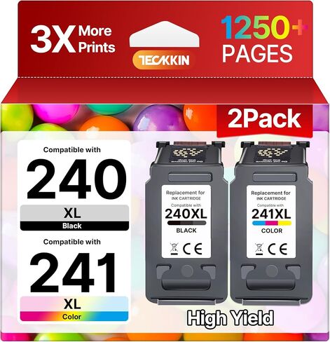 خراطيش حبر TECKKIN PG-240XL/CL-241XL بديلة لحبر الطابعة Canon 240XL 241XL Combo Pack 240 241 لحبر الطابعة PIXMA MG3620 MG3600 MG3120 TS5100 MG3220 MG3520 MG2120 MX472 (1 أسود، 1 ثلاثي الألوان) in Kuwait
