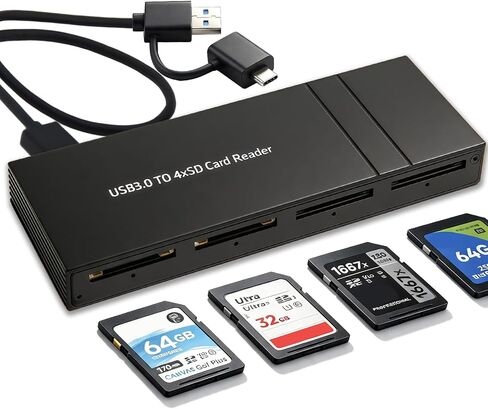 4 Port SD Card Reader, Memory Card Adapter with USB-C & USB-A Ports Cable, Simultaneous Read 4 Cards, SD Card Reader for Photographers and Content Creators in Saudi Arabia