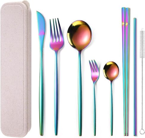 AARAINBOW 8 Pieces Stainless Steel Flatware Set Portable Reusable Cutlery Set Travel Utensils Set Including Chopsticks Knife Fork Spoon Straws Cleaning Brush Dishwasher Safe (Pink Golden) in Saudi Arabia