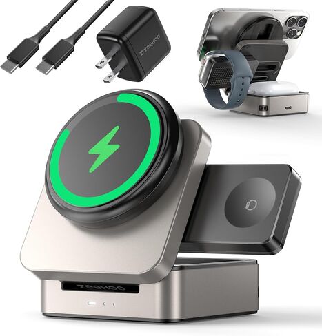 ZEEHOO 3-in-1 Charging Station for Apple, Foldable Mag-Safe Charger, 15W Wireless Charger for iPhone 17/16/15/14/13/12 Series, Apple Watch, AirPods(30W Adapter Included) (Black) in Kuwait