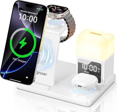 6 in 1 Wireless Charging Station with Clock & Night Light，Alarm Clocks for Bedrooms,Wireless Charger Stand with Beside Clock for iPhone 17/16/15/14/13/12 Pro Max, Apple Watch,Airpods (Wood) in Kuwait