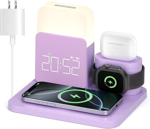 7 in 1 Charging Station for iPhone, Wireless Charging Station, Alarm Clock, Night Light, Wireless Charger for iPhone 17 16 15 14 13 12 Pro Max & Apple Watch - Charging Stand Dock for AirPods(Black) in Kuwait