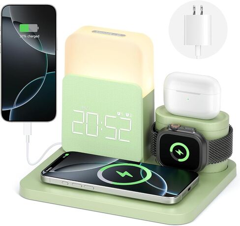 7 in 1 Charging Station for iPhone, Wireless Charging Station, Alarm Clock, Night Light, Wireless Charger for iPhone 17 16 15 14 13 12 Pro Max & Apple Watch - Charging Stand Dock for AirPods(Green) in Saudi Arabia