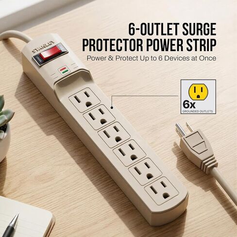 Stanley Surge Protector Power Strip 6 Outlets 800 Joules 3 Ft 14/3 AWG Cable 125V/15A 1875W Circuit Breaker Surge Indicator Light Mountable Beige Power Strip for Indoor Use in Saudi Arabia