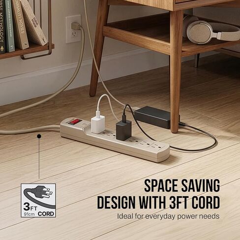 Stanley Surge Protector Power Strip 6 Outlets 800 Joules 3 Ft 14/3 AWG Cable 125V/15A 1875W Circuit Breaker Surge Indicator Light Mountable Beige Power Strip for Indoor Use in Saudi Arabia