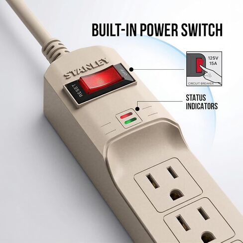 Stanley Surge Protector Power Strip 6 Outlets 800 Joules 3 Ft 14/3 AWG Cable 125V/15A 1875W Circuit Breaker Surge Indicator Light Mountable Beige Power Strip for Indoor Use in Saudi Arabia