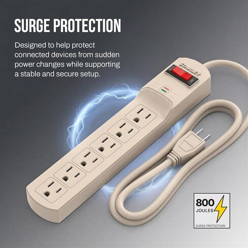 Stanley Surge Protector Power Strip 6 Outlets 800 Joules 3 Ft 14/3 AWG Cable 125V/15A 1875W Circuit Breaker Surge Indicator Light Mountable Beige Power Strip for Indoor Use in Saudi Arabia