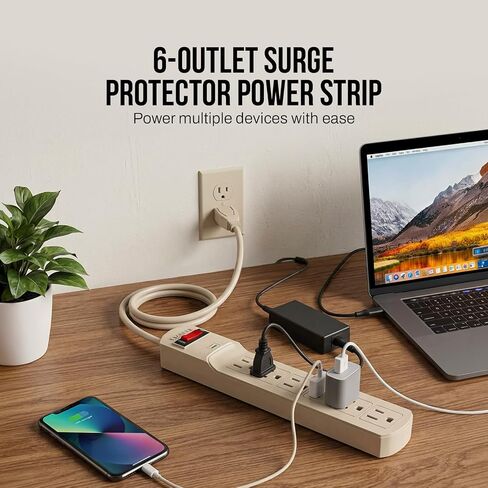 Stanley Surge Protector Power Strip 6 Outlets 800 Joules 3 Ft 14/3 AWG Cable 125V/15A 1875W Circuit Breaker Surge Indicator Light Mountable Beige Power Strip for Indoor Use in Saudi Arabia