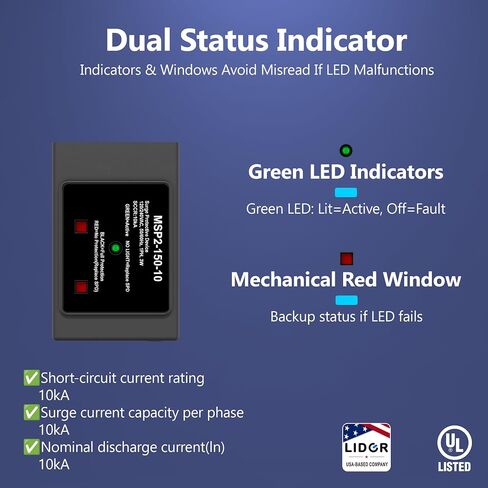 LIDER Surge Protective Device Type 2 SPD, 120/240VAC Whole House Surge Protector, Plug-On Circuit Breaker Protection with LED Indicator, Compatible with Siemens Eaton GE Panels, UL Listed in Saudi Arabia