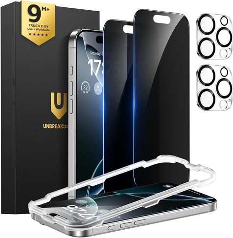 واقي شاشة للخصوصية لهاتف iPhone 16 Pro Max من UNبريكبل، عبوتان، زجاج مقوى مزدوج مطور + 2 واقي عدسة كاميرا، 25 درجة مضاد للتجسس، درجة عسكرية 9H+، شفاف عالي الدقة، مضاد لبصمات الأصابع، 6.9 بوصة in Kuwait