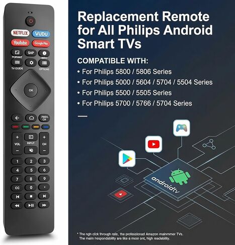 for Philips TV Remote, Universal Remote for Philips 4K UHD Android Smart TV, with Netflix VUDU YouTube Google Play Shortcut Keys, No Voice Function in Kuwait
