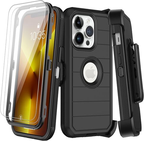 KECAI for iPhone 13 Pro Case with Belt Clip Holster & Kickstand,Built-in Screen Protector,Heavy Duty Shockproof Drop Protection Military Grade Full Body Rugged Phone Cover(Black) in Kuwait