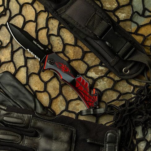 TAC Force Assisted Opening Spider WEB Design Handle Rescue Tactical Black Stainless Steel Blade for Hunting Camping Outdoor - Black/red in Saudi Arabia
