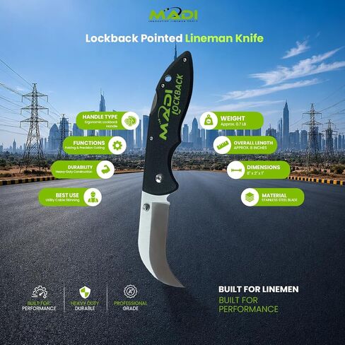 MADI Lockback Pointed Lineman Knife – One-Handed Opening, Stainless Steel Blade, Durable Utility Tool with Reversible Belt Clip | LB-1P in Kuwait