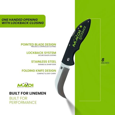 MADI Lockback Pointed Lineman Knife – One-Handed Opening, Stainless Steel Blade, Durable Utility Tool with Reversible Belt Clip | LB-1P in Kuwait