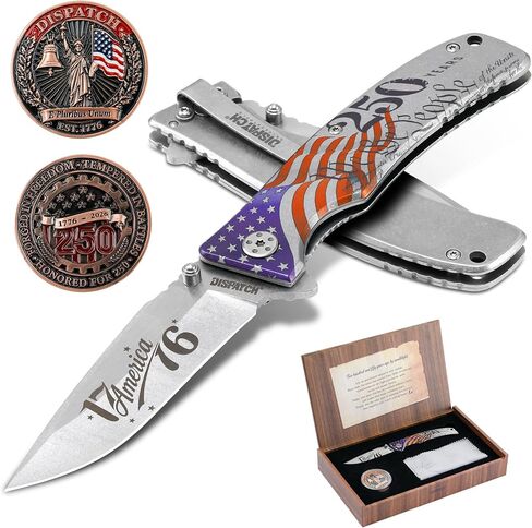Dispatch 250th Anniversary Commemorative Pocket Knife, 4.5" American Flag Aluminum Handle Tactical Folding Knife with Molybdenum Finish Blade, Rescue Pocket Knife with Glass Breaker & Seatbelt Cutter in Kuwait