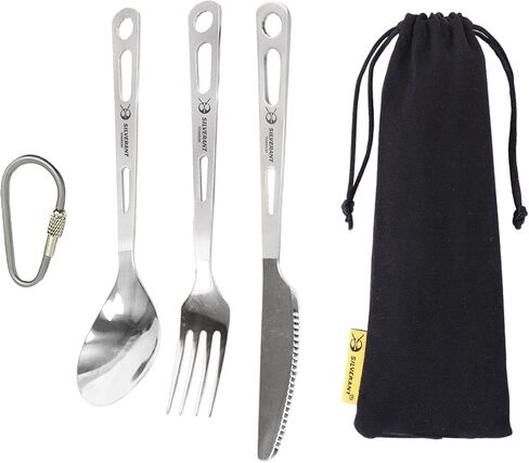 SILVERANT Titanium 3 Piece Cutlery Set, Extra Strong Ultra-Lightweight Durable Knife Fork & Spoon Tableware for Outdoor Camping & Hiking, Comes with Drawstring Bag & Titanium Carabiner in Kuwait
