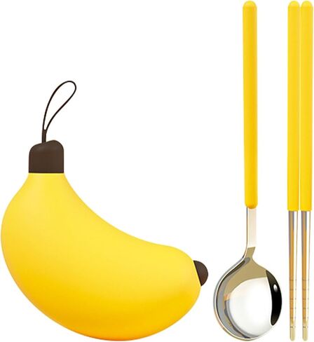 Creative Travel Cutlery Set with Banana Case - Reusable Stainless Steel Spoon, Chopsticks, and Portable Utensils for Office, School, Camping, and Outdoor Activities in Saudi Arabia