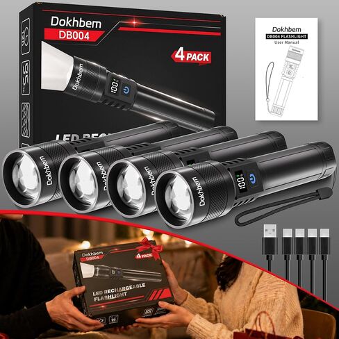 4Pack Rechargeable LED Flashlight 9000LM Zoomable with LCD Display in Kuwait