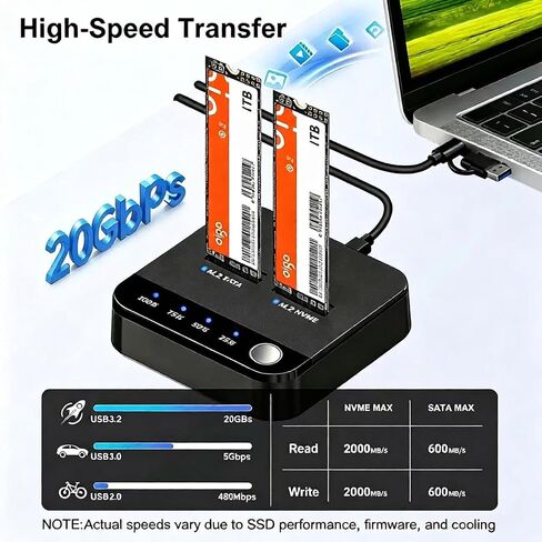 20Gbps M.2 Cloner & Duplicator, Dual Bay NVMe SATA SSD Enclosure in Kuwait