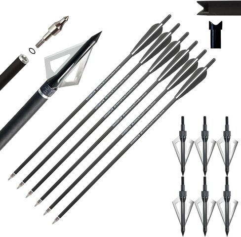 AMEYXGS 6/12pcs Archery Crossbow Bolts 16/17/20/22 Inch Hunting Carbon Arrows with 6/12 pcs Broadheads 3 Fixed Blade Arrowhead for Archery Practise Hunting Crossbow Arrows in Kuwait