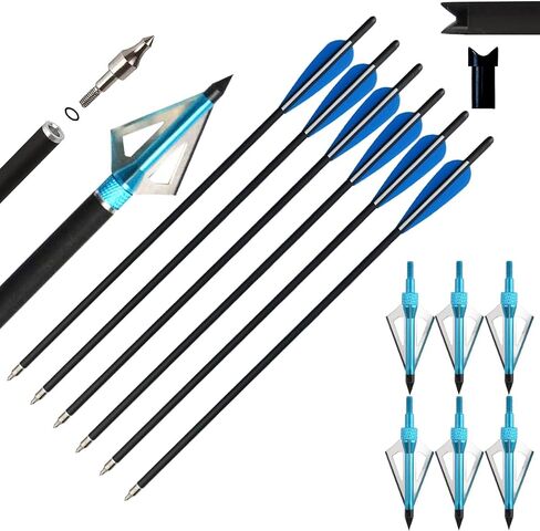 AMEYXGS 6/12pcs Archery Crossbow Bolts 16/17/20/22 Inch Hunting Carbon Arrows with 6/12 pcs Broadheads 3 Fixed Blade Arrowhead for Archery Practise Hunting Crossbow Arrows in Kuwait