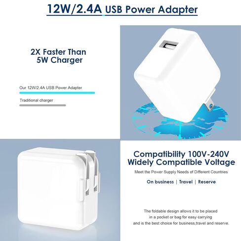[MFi Certified] iPad iPhone Charger Fast Charging Block with 2-Pack 6.6FT USB to Lightning Cable iPad Charging Cord 12W Foldable Portable Wall Plug Charger for i Pad 9th, 8th,i Pad Pro/Air/Mini,iPhone in Kuwait