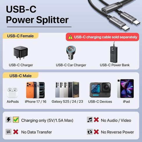KiwiBird USB C Splitter Charging, USB C Power Splitter 1 in 2 Out in Kuwait