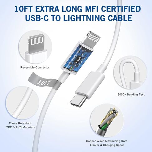 Fast iPhone Charger, [Apple MFi Certified] 2Pack 10FT Extra Long Quick USB C to Lightning Cable Cords + USB C Charger Block Fast iPhone Charging Adapter for iPhone 14 Pro Max/Plus/13/12/11/XS/XR/X/SE in Kuwait