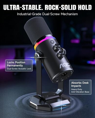 ميكروفون ديناميكي AOC USB/XLR لألعاب الكمبيوتر والبودكاست والتسجيل، وميكروفون RGB ثنائي الوضع ومعدات صوتية متدفقة مع حامل مكتب عالي التحمل، وكتم صوت Clicky، وكابلات USB بطول 7.5 قدم و6.5 قدم XLR متضمنة in Saudi Arabia