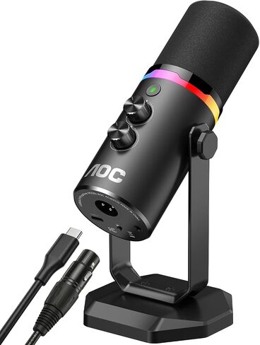 ميكروفون ديناميكي AOC USB/XLR لألعاب الكمبيوتر والبودكاست والتسجيل، وميكروفون RGB ثنائي الوضع ومعدات صوتية متدفقة مع حامل مكتب عالي التحمل، وكتم صوت Clicky، وكابلات USB بطول 7.5 قدم و6.5 قدم XLR متضمنة in Saudi Arabia