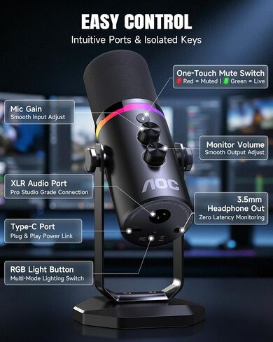 ميكروفون ديناميكي AOC USB/XLR لألعاب الكمبيوتر والبودكاست والتسجيل، وميكروفون RGB ثنائي الوضع ومعدات صوتية متدفقة مع حامل مكتب عالي التحمل، وكتم صوت Clicky، وكابلات USB بطول 7.5 قدم و6.5 قدم XLR متضمنة in Saudi Arabia