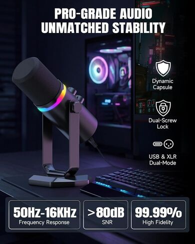 ميكروفون ديناميكي AOC USB/XLR لألعاب الكمبيوتر والبودكاست والتسجيل، وميكروفون RGB ثنائي الوضع ومعدات صوتية متدفقة مع حامل مكتب عالي التحمل، وكتم صوت Clicky، وكابلات USB بطول 7.5 قدم و6.5 قدم XLR متضمنة in Saudi Arabia