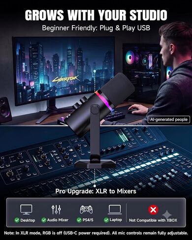 ميكروفون ديناميكي AOC USB/XLR لألعاب الكمبيوتر والبودكاست والتسجيل، وميكروفون RGB ثنائي الوضع ومعدات صوتية متدفقة مع حامل مكتب عالي التحمل، وكتم صوت Clicky، وكابلات USB بطول 7.5 قدم و6.5 قدم XLR متضمنة in Saudi Arabia