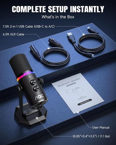 ميكروفون ديناميكي AOC USB/XLR لألعاب الكمبيوتر والبودكاست والتسجيل، وميكروفون RGB ثنائي الوضع ومعدات صوتية متدفقة مع حامل مكتب عالي التحمل، وكتم صوت Clicky، وكابلات USB بطول 7.5 قدم و6.5 قدم XLR متضمنة in Saudi Arabia