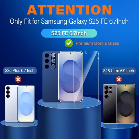 [3+3 Pack] Pack Galaxy S25 FE Screen Protector, HD Clear Tempered Glass, Fingerprint Unlock, 3D Curved, Scratch Resistant, No Bubble for Samsung Galaxy S25 FE 5G Glass Screen Protector in Kuwait