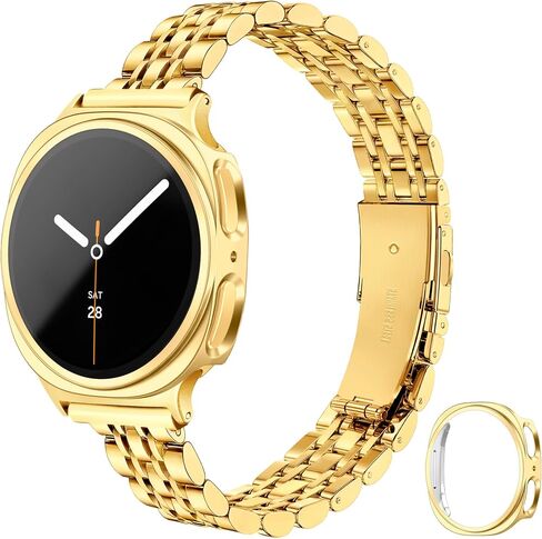 Slim Metal Band +Case for Samsung Galaxy Watch 8/9 Band 40mm with Protective Cover No Screen Film for Women Men, Stainless Steel Thin Replacement Strap for Samsung Watch 8 9 Bands-Gold in Kuwait