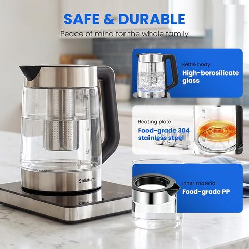 Electric Kettle 1.8L Glass Kettle With Infuse and Base Food-grade material | Temperature Maintenance and Time Settings, Borosilicate glass & 304 stainless steel, Power Outage Protection in Saudi Arabia