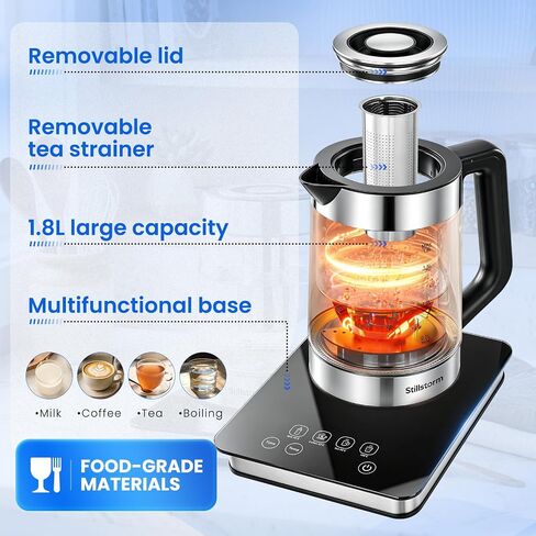 Electric Kettle 1.8L Glass Kettle With Infuse and Base Food-grade material | Temperature Maintenance and Time Settings, Borosilicate glass & 304 stainless steel, Power Outage Protection in Saudi Arabia